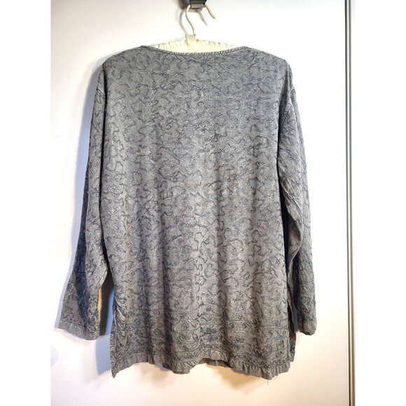 Boho Minimalist Gray Embroidered Button Down Top | Artsy Textured Long Sleeve M - Picture 6 of 16